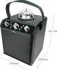 A black party speaker with a disco ball on top, shown with dimensions indicated. Produktbild-Vorschau
