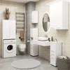 A modern bathroom with a washing machine, toilet, sink, and cabinets. Produktbild-Vorschau