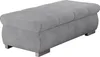 A studio shot of a gray upholstered ottoman with a ribbed texture.