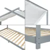 A collage of four close-up images showing details of a bed frame and canopy. Produktbild-Vorschau