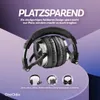 A pair of headphones is shown in the center, with smaller images of the headphones in different folded states below. Text highlights the product's space-saving and portable design. Náhled obrázku produktu