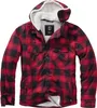 A red and black plaid hooded jacket with white sherpa lining. Náhled obrázku produktu