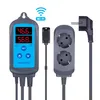 A digital hygrometer and thermostat controller with a dual outlet power strip and a sensor probe, displayed against a white background. Produktbild-Vorschau