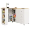 A white kitchen island with a wooden countertop, featuring shelves and cabinets filled with various food items and kitchenware. Produktbild-Vorschau