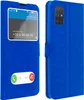 A blue flip cover for a Samsung Galaxy A71 phone is shown from two angles, with the front cover open to reveal a simulated incoming call screen. Podgląd zdjęcia produktu