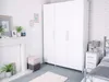 A bedroom with a white wardrobe, a fireplace, a nightstand, and a bed. Produktbild-Vorschau