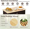 A kitchen island countertop with food and drink items, and a section highlighting the material properties of the wood. Podgląd zdjęcia produktu