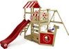 A wooden playground set with a red slide and swing, set against a white background. Náhled obrázku produktu