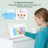 A young girl is interacting with a digital calendar/picture frame, which displays a task management interface. The image also shows marketing text and graphics related to the product's features. Produktbild-Vorschau
