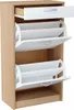 A shoe cabinet with two open flip-down compartments and a drawer, shown against a white background. Produktbild-Vorschau