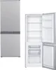 A split image showing the exterior of a refrigerator on the left and the interior with the door open on the right. Produktbild-Vorschau
