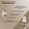 A marketing image for an oval mirror, showcasing its design and features with text overlays and product images. Produktbild-Vorschau