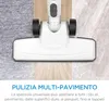 A vacuum cleaner head is shown cleaning different floor types: carpet, wood, and tile. Produktbild-Vorschau