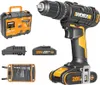 A collection of items for a cordless drill set, including the drill, battery, charger, and a case. Produktbild-Vorschau