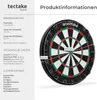 A dartboard with product specifications and details listed on the left side. Produktbild-Vorschau