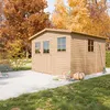 A wooden garden shed in a backyard during autumn, with colorful trees in the background and some garden items in the foreground. Produktbild-Vorschau