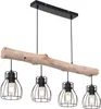 A four-light pendant chandelier with a natural wood beam and black metal cages. Voir les images du produit