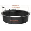 A black metal fire pit ring with a grill attachment, showing dimensions. Náhled obrázku produktu