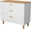 A white dresser with a wood-tone top and wooden handles, shown from a three-quarter angle against a white background. Podgląd zdjęcia produktu