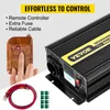 A close-up view of a power inverter and its accessories, with text highlighting its features. Náhľad obrázku produktu