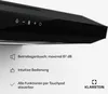 A close-up view of a black kitchen range hood with touch controls and descriptive text about its features. Produktbild-Vorschau