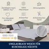 A bed with light blue bedding, surrounded by marketing icons and text. Produktbild-Vorschau