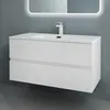 A white bathroom vanity with a sink and faucet, mounted on a gray wall, with a lit mirror above. Produktbild-Vorschau