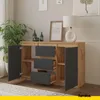A sideboard with drawers and doors is shown in a room with a plant and artwork. Voir les images du produit