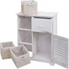 A white wooden cabinet with a drawer and an open door, along with three woven baskets, is displayed against a white background. Produktbild-Vorschau