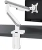 A white monitor arm clamped to a dark desk. Produktbild-Vorschau