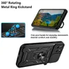 A collage of images showcasing a black phone case with a rotating metal ring kickstand and a camera lens cover. Produktbild-Vorschau