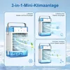 A collage of three images showing a portable air cooler in different modes of operation: as an air cooler with ice, as a humidifier, and as a normal fan. Produktbild-Vorschau