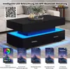 A black coffee table with blue LED lighting in a living room setting, with app interface examples shown below. Anteprima dell’immagine prodotto