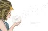 A young girl wearing a leaf-like headdress blows dandelion seeds into the air. Anteprima dell’immagine prodotto