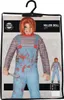 A costume packaged in plastic with a hanger, showing a model wearing the costume and a smaller image of the costume on the packaging. Podgląd zdjęcia produktu