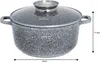 A gray speckled pot with a glass lid and silver handles is shown against a white background. Dimensions are indicated by arrows and text. Anteprima dell’immagine prodotto