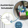A collage showing a pull-out drawer organizer for kitchen or bathroom, filled with cleaning supplies and toiletries. Inset images highlight the drawer mechanism and a generic drawer icon. Produktbild-Vorschau