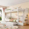A white bunk bed with a pull-out trundle bed in a child's bedroom. Voir les images du produit
