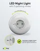A white LED night light plugged into a wall socket, with text and graphics explaining its features. Voir les images du produit