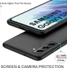 A black phone case is shown with a phone inside, highlighting its screen and camera protection features. Produktbild-Vorschau