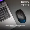 A laptop and a wireless mouse are placed on a gray surface. The mouse has a blue illuminated logo. Produktbild-Vorschau