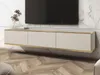 A modern, wall-mounted TV cabinet with a marble-patterned wall and a wooden floor. Produktbild-Vorschau