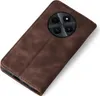 A brown leather flip case for a smartphone, shown from a diagonal top-down perspective. Produktbild-Vorschau