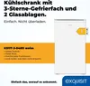 A white refrigerator with product information and an energy efficiency label. Produktbild-Vorschau