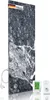 A marble-patterned infrared heating panel with a digital thermostat and a power adapter, presented on a white background. Produktbild-Vorschau
