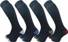 Four pairs of knee-high compression socks are displayed side-by-side against a white background. Each pair is black with a different colored heel and toe. Produktbild-Vorschau