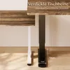 A close-up view of two desk legs, one white and one black, with a wooden tabletop. Text overlays highlight features. Produktbild-Vorschau