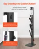 A black vacuum cleaner stand with accessories and text overlays highlighting features. Anteprima dell’immagine prodotto
