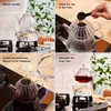 A collage of four images showing the steps to make tea with a glass teapot. Produktbild-Vorschau