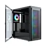 A black computer tower case with a tempered glass side panel, showing internal components and RGB lighting. Produktbild-Vorschau